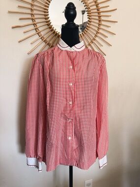 1960s Red Gingham Button-Up Top with Contrast Collar